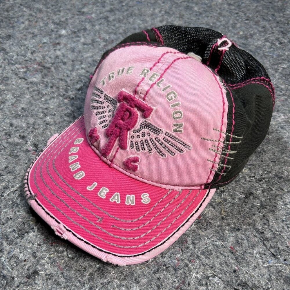 True Religion World  Cap Distressed Strapback Trucker Pink Wings  / NEW!
